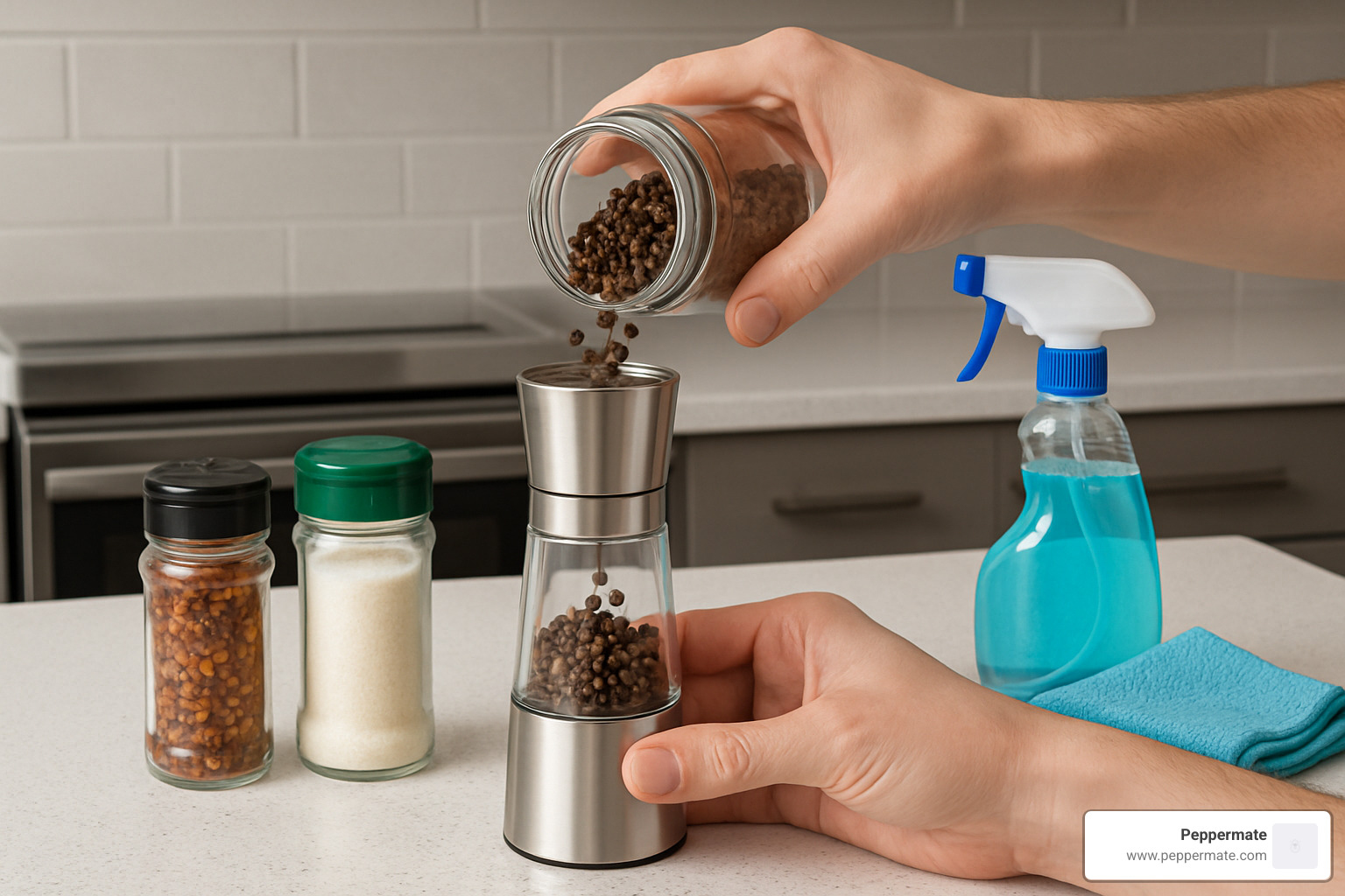 Hands demonstrating top-loading refill technique with whole peppercorns being poured into a clear chamber grinder, with various spice containers and cleaning supplies arranged nearby - cool salt and pepper grinder
