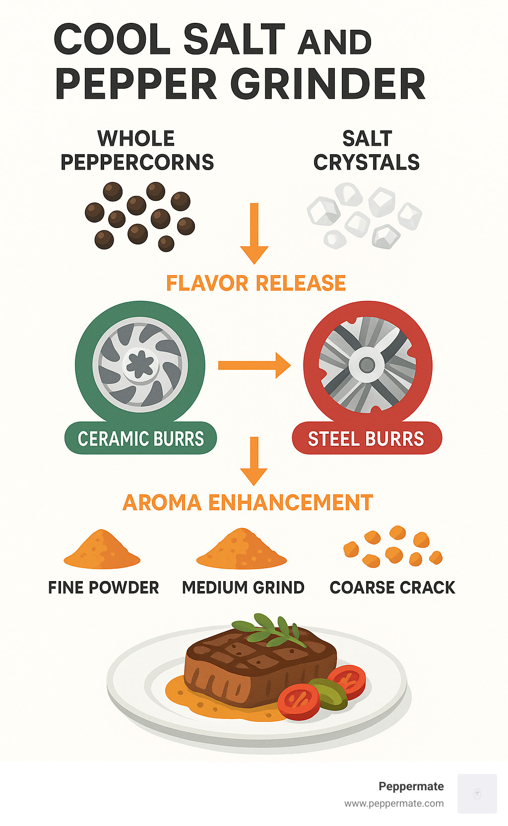 Infographic showing the journey from whole peppercorns and salt crystals through different grinder mechanisms (ceramic vs steel burrs) to various coarseness levels (fine powder, medium grind, coarse crack) ending on a beautifully plated dish, with arrows indicating flavor release and aroma improvement at each stage - cool salt and pepper grinder infographic 