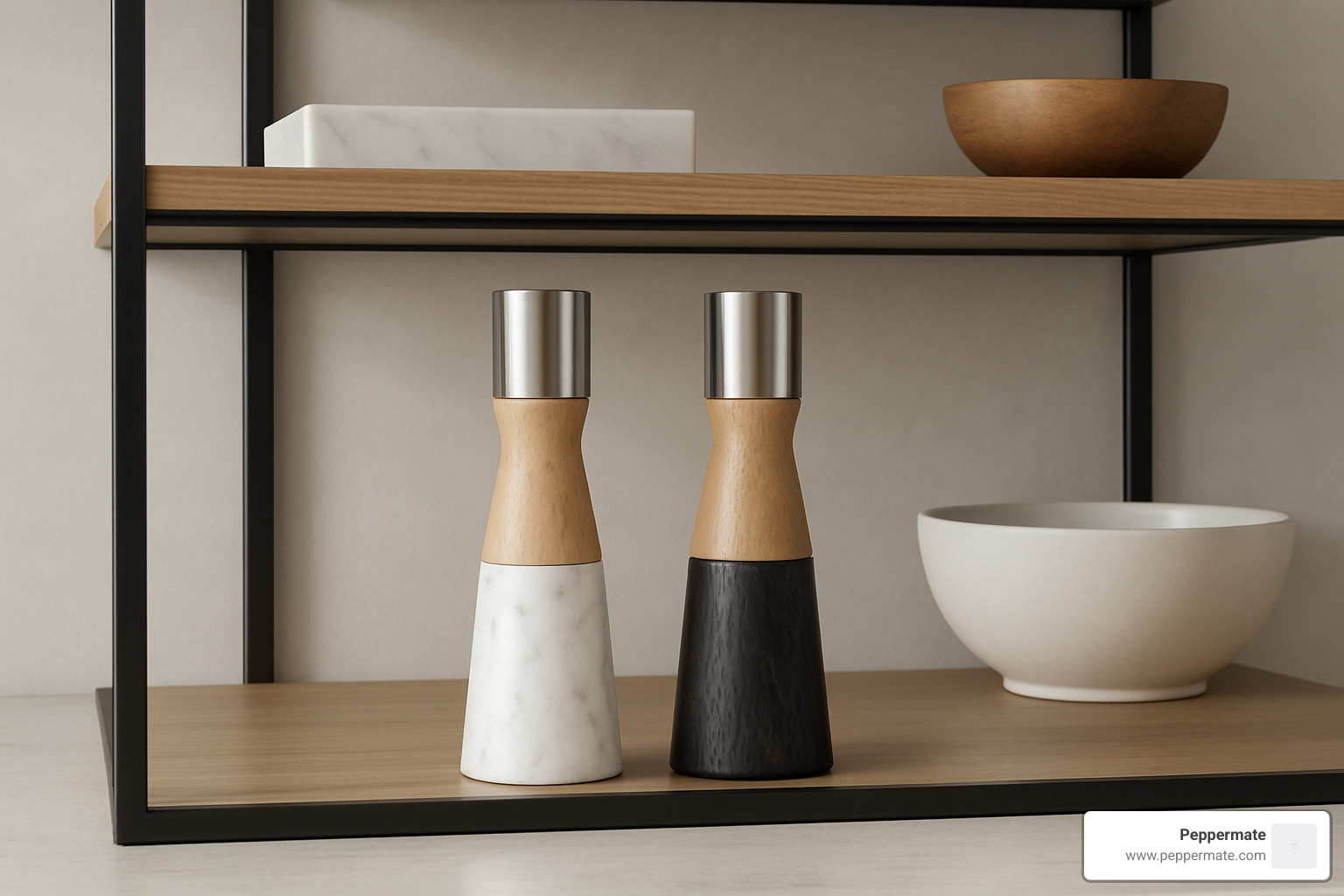 Sculptural salt and pepper grinders displayed on modern open shelving with clean lines, featuring various materials like marble, wood, and stainless steel in a minimalist kitchen setting - cool salt and pepper grinder
