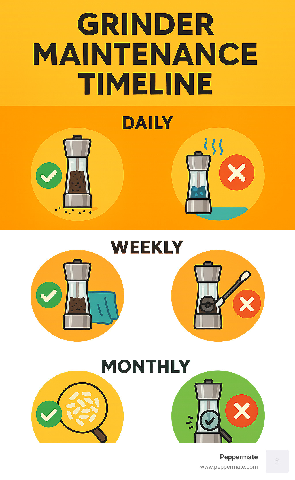 Infographic displaying grinder maintenance timeline: daily use tips, weekly cleaning routine, monthly deep maintenance, and annual inspection checklist, with icons showing proper and improper care techniques - cool salt and pepper grinder infographic 