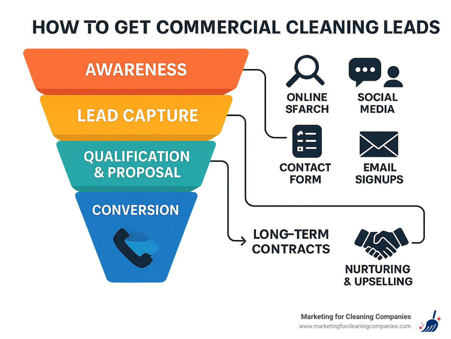 Comprehensive infographic showing the commercial cleaning lead generation funnel from initial awareness through online search, social media findy, and referrals, to lead capture via phone calls, contact forms, and email signups, followed by qualification, proposal delivery, and conversion to long-term contracts with ongoing nurturing and upselling opportunities - how to get commercial cleaning leads infographic