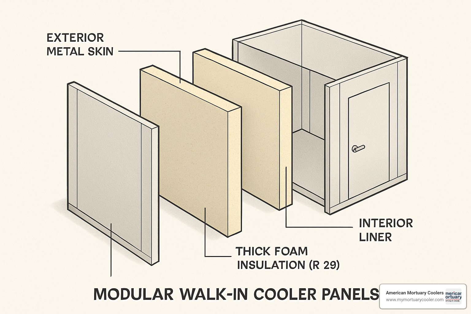 exploded view of modular walk-in cooler panels showing insulation core - custom walk in cooler