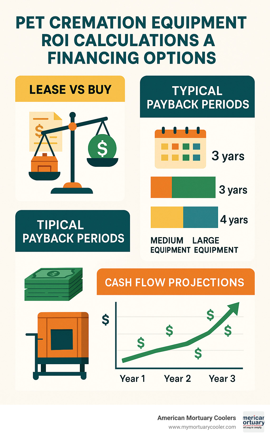 Infographic showing pet cremation equipment ROI calculations and financing options comparison, including lease vs buy scenarios, typical payback periods, and cash flow projections for different equipment categories - pet cremation equipment for sale infographic 