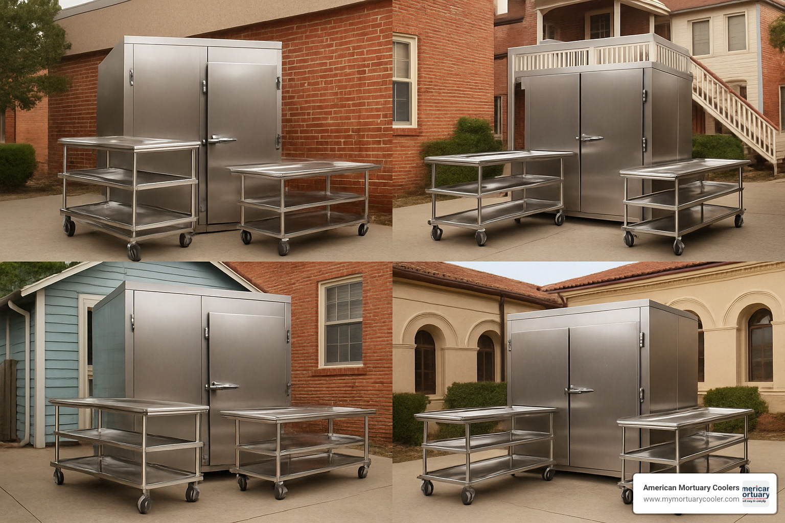 collage of American Mortuary Coolers installations across different regions, featuring walk-in coolers, body trays, and rolling carts - mortuary morgue