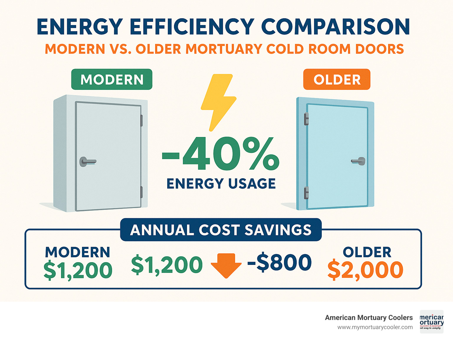 Energy efficiency comparison showing modern vs older mortuary cold room doors with cost savings breakdown - mortuary cold room doors manufacture infographic 