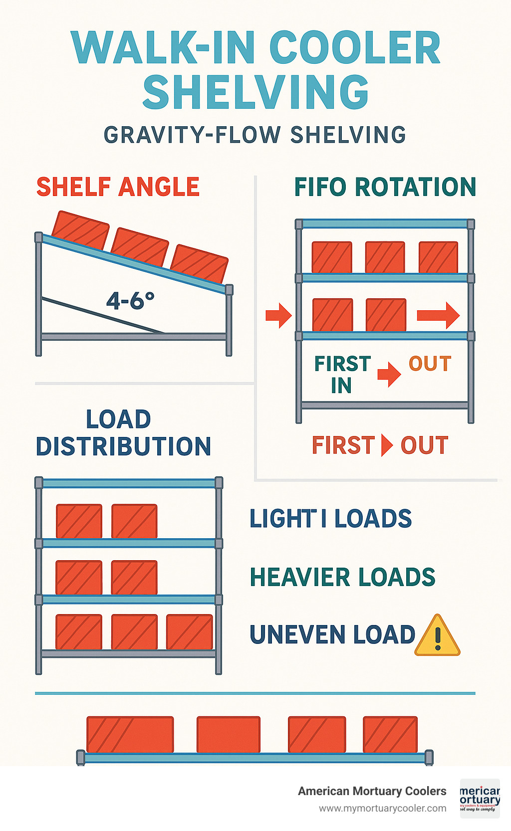Detailed infographic showing gravity-flow shelving angles, FIFO rotation principles, and load distribution across different shelf positions with visual arrows indicating product flow direction - walk in cooler shelving infographic 