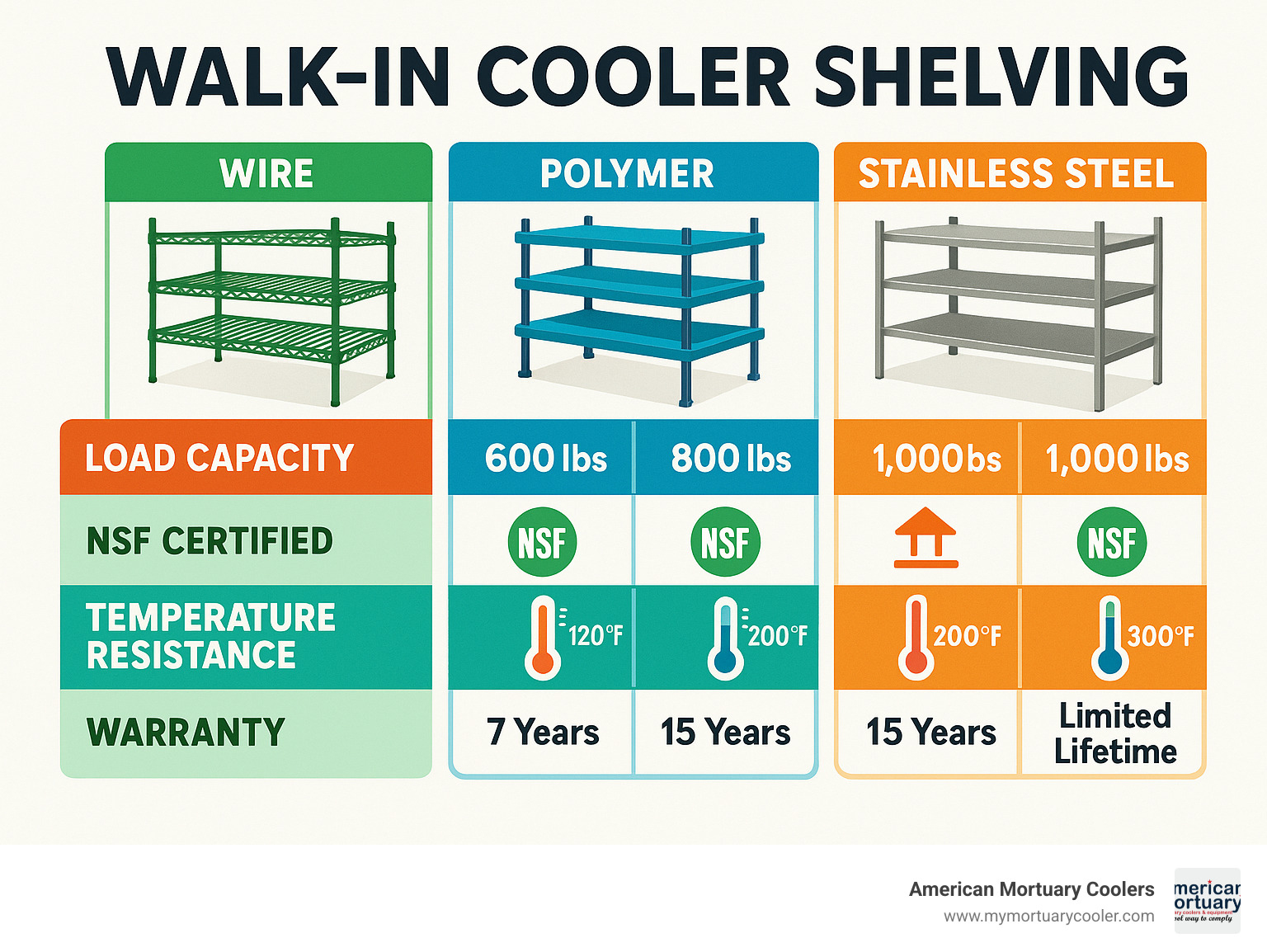Comprehensive infographic showing walk-in cooler shelving load capacities by material type, NSF certification requirements, minimum floor clearance of 6 inches, temperature resistance ratings, and warranty comparisons between wire, polymer, and stainless steel options - walk in cooler shelving infographic 