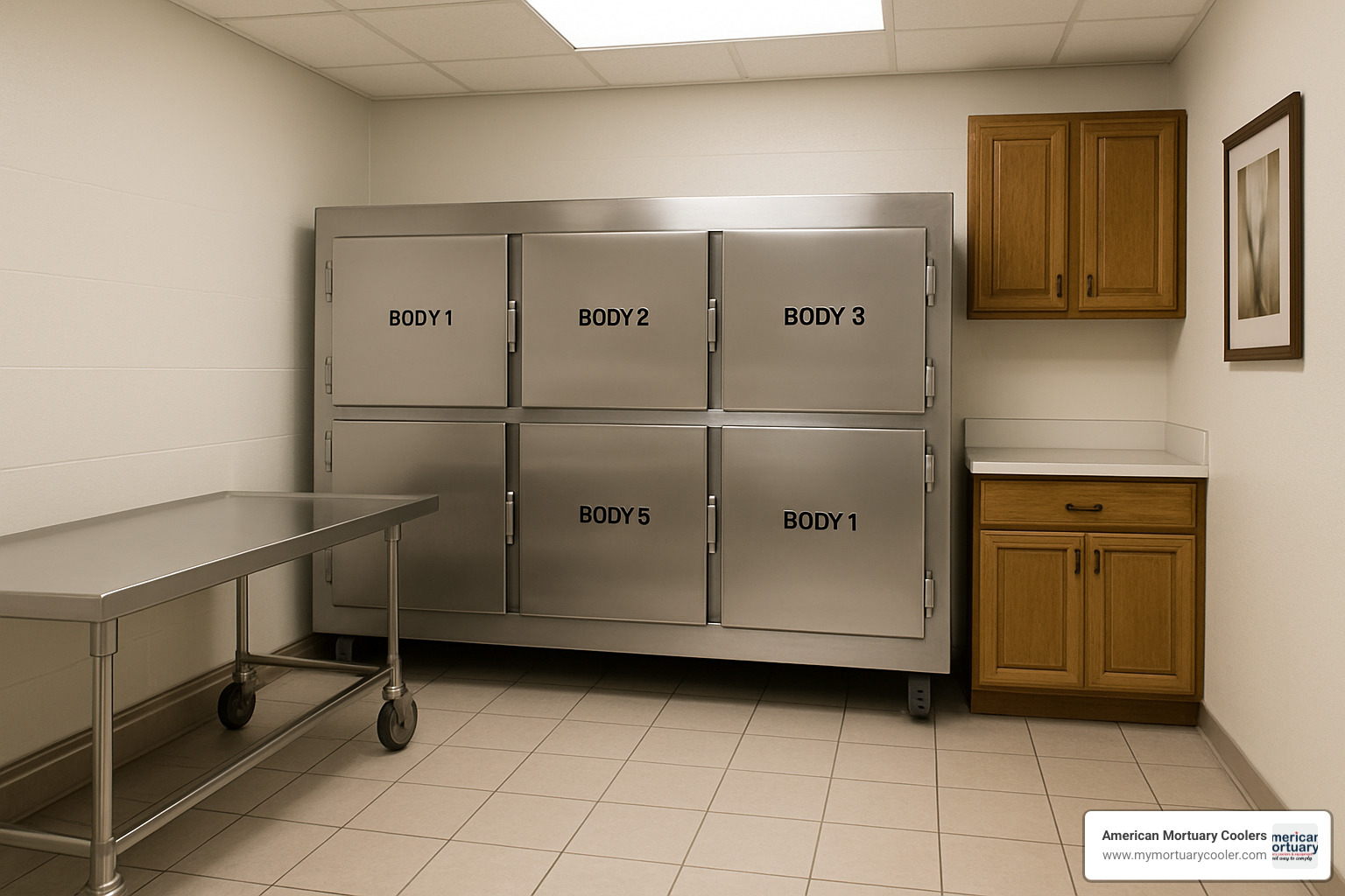 3 body mortuary cooler in typical funeral home setting - American Mortuary Coolers 3 Body 