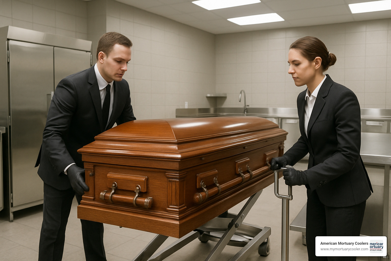 staff using hydraulic lift in prep room - funeral home equipment