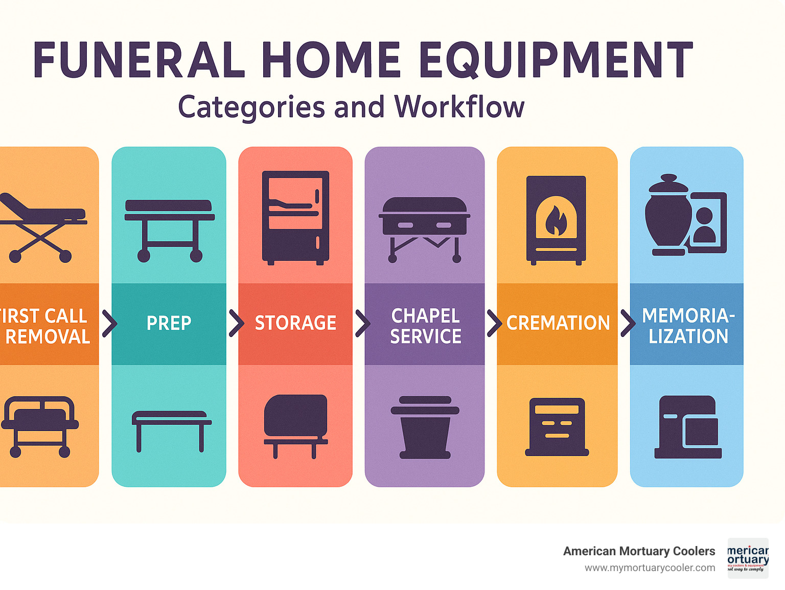 Infographic showing essential funeral home equipment categories and how each fits into the workflow, from first call and removal to prep, storage, chapel service, cremation, and memorialization. - funeral home equipment infographic 
