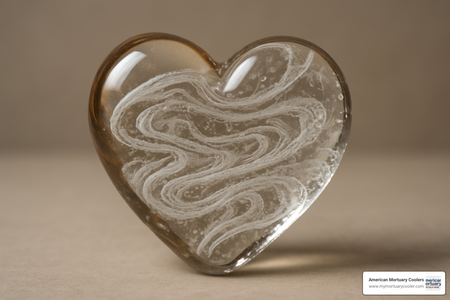 close-up of ash-swirled glass heart - funeral glasses