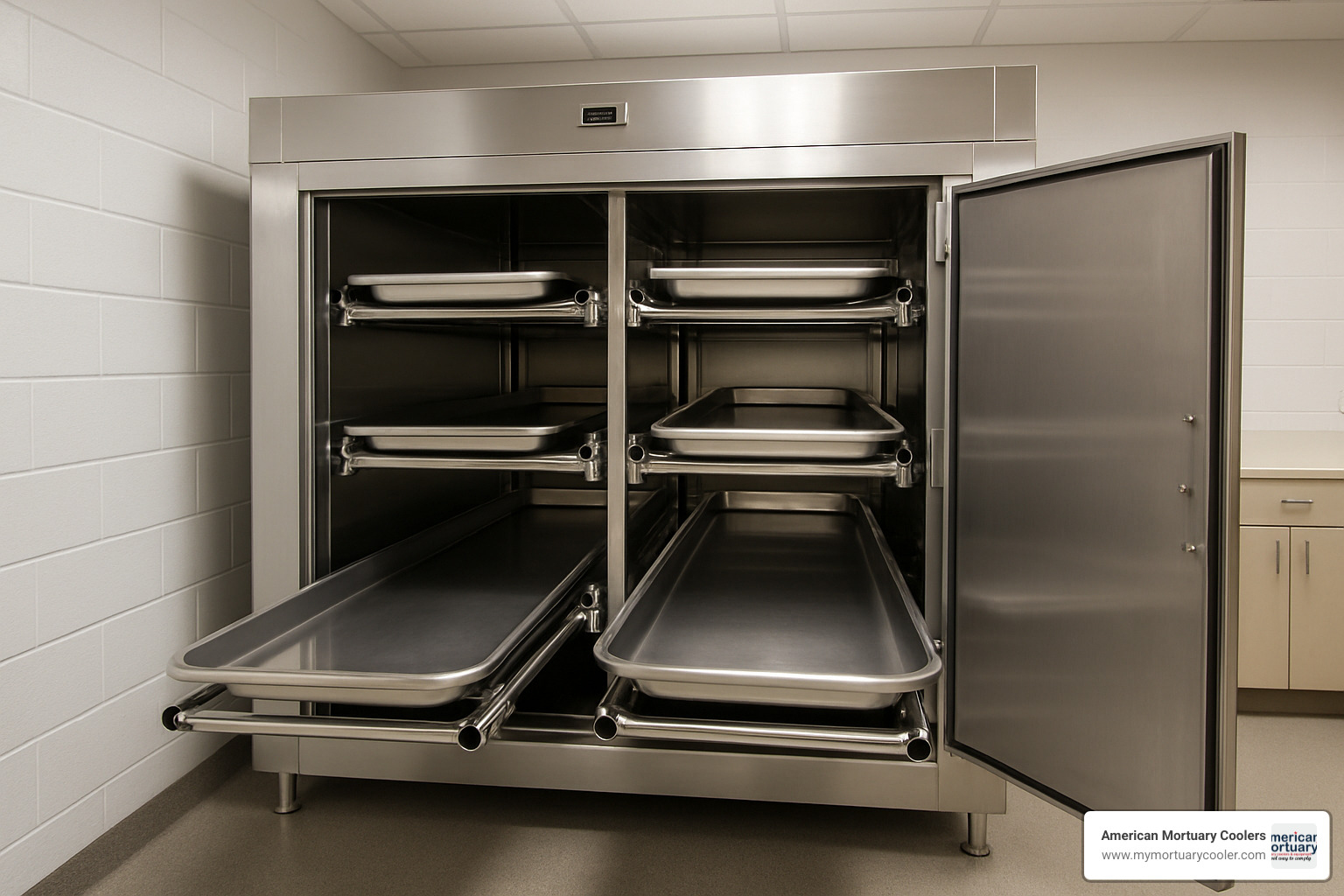 modern mortuary cooler and roller racks - funeral home equipment