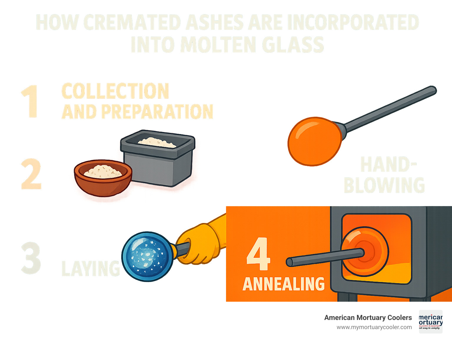 Step-by-step process showing how cremated ashes are incorporated into molten glass, from initial collection through hand-blowing, layering, annealing in kilns, and final finishing by master glassmakers - funeral glasses infographic 