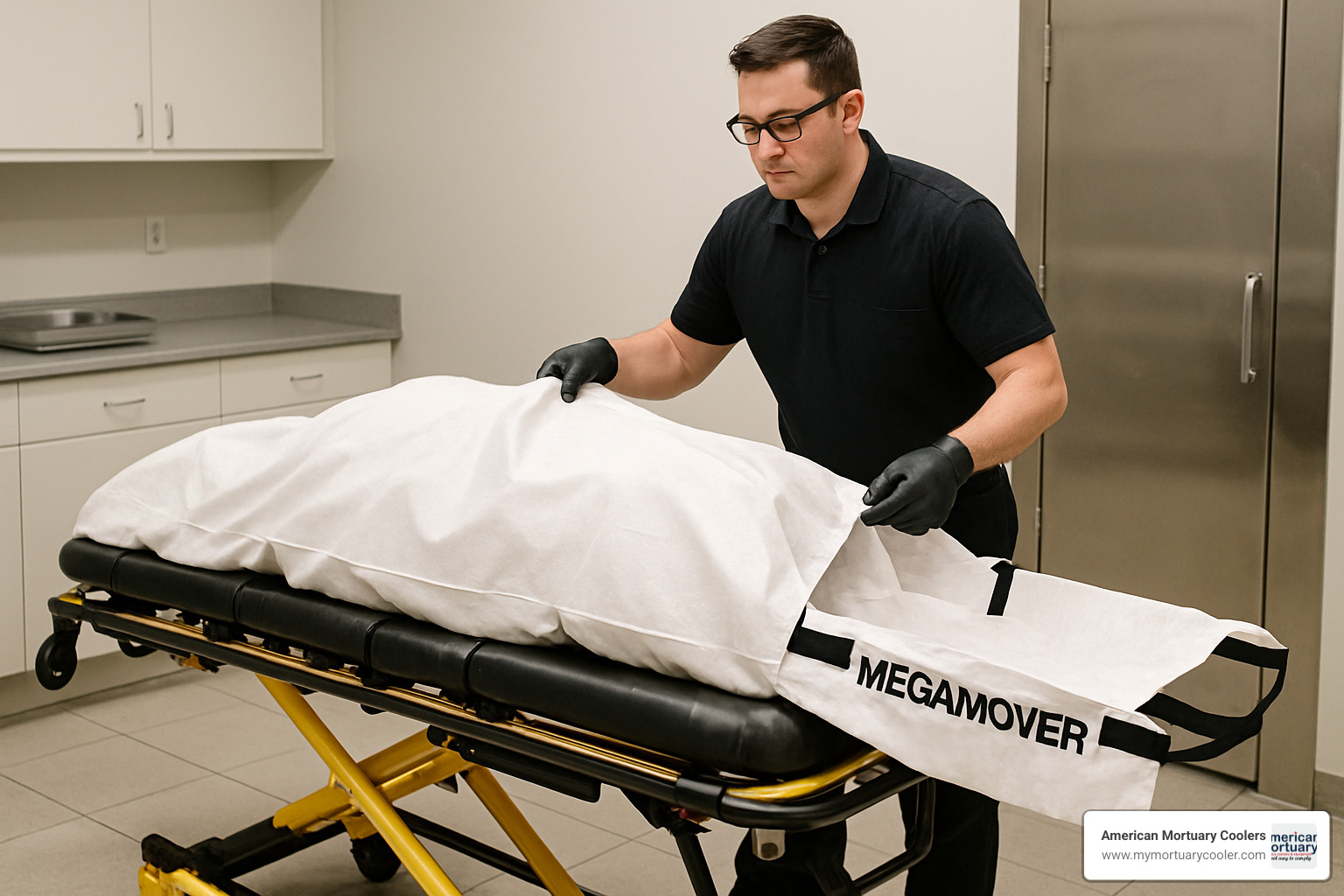 removal and transfer equipment in use: mortuary cot and MegaMover - funeral home equipment