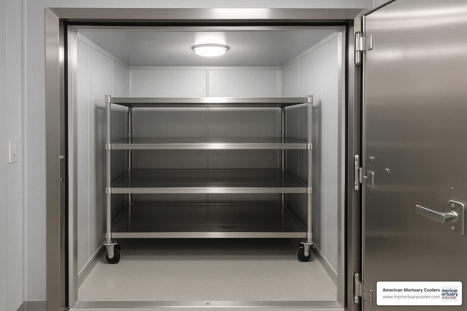 American Mortuary Coolers 3BX interior showing three-tier rolling rack system - American Mortuary Coolers 3BX American Mortuary Coolers 3BX interior showing three-tier rolling rack system - American Mortuary Coolers 3BX