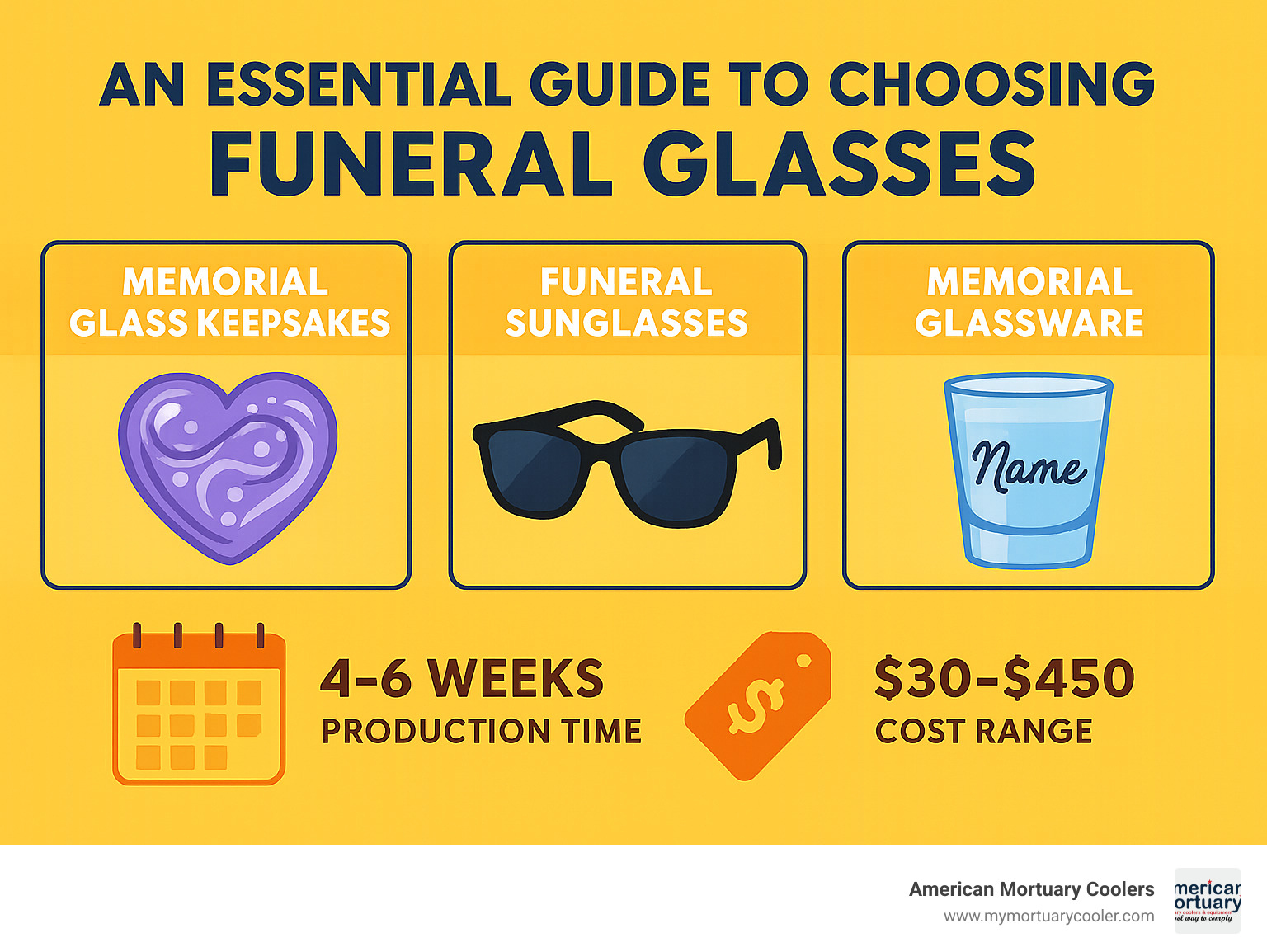 Comprehensive guide showing types of funeral glasses including memorial glass keepsakes with cremated ashes, respectful funeral sunglasses for services, and personalized glassware favors with pricing ranges from $30-$450 and typical 4-6 week production timeframes - funeral glasses infographic 