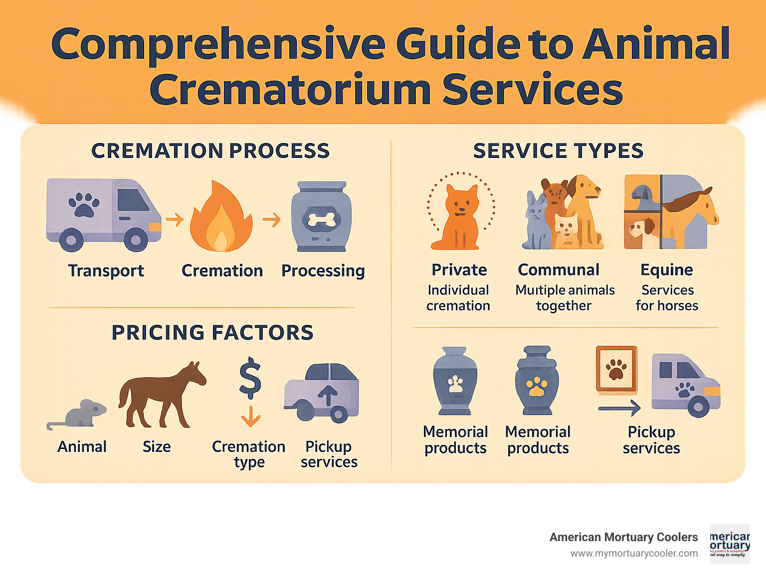 Comprehensive guide to animal crematorium services showing cremation process timeline, service types, and pricing factors for pets ranging from small animals to horses - animal crematorium infographic 