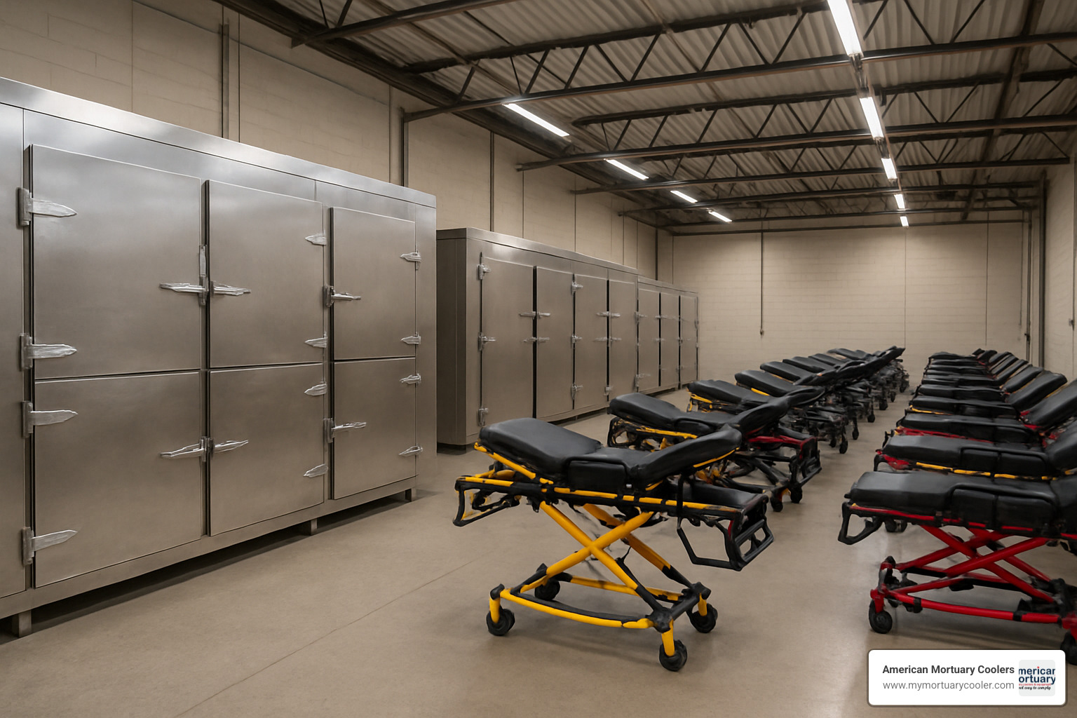 Mortuary coolers and EMS stretchers lined up in a warehouse - ked order of straps