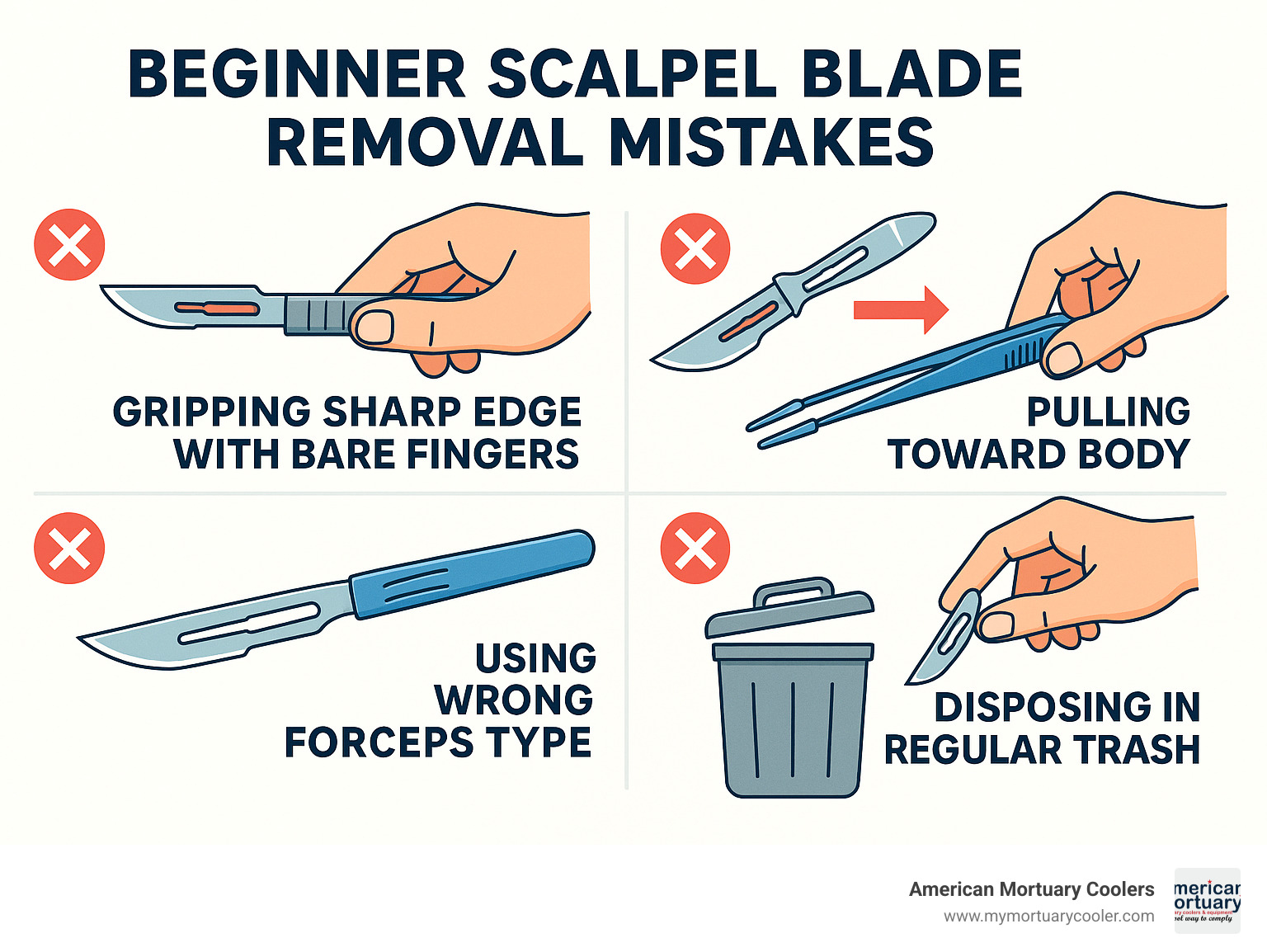 Infographic showing common scalpel blade removal errors including using bare fingers to grip sharp edge, pulling blade toward body instead of away, using wrong forceps type, and disposing blades in regular trash instead of sharps container - how to remove scalpel blade infographic 