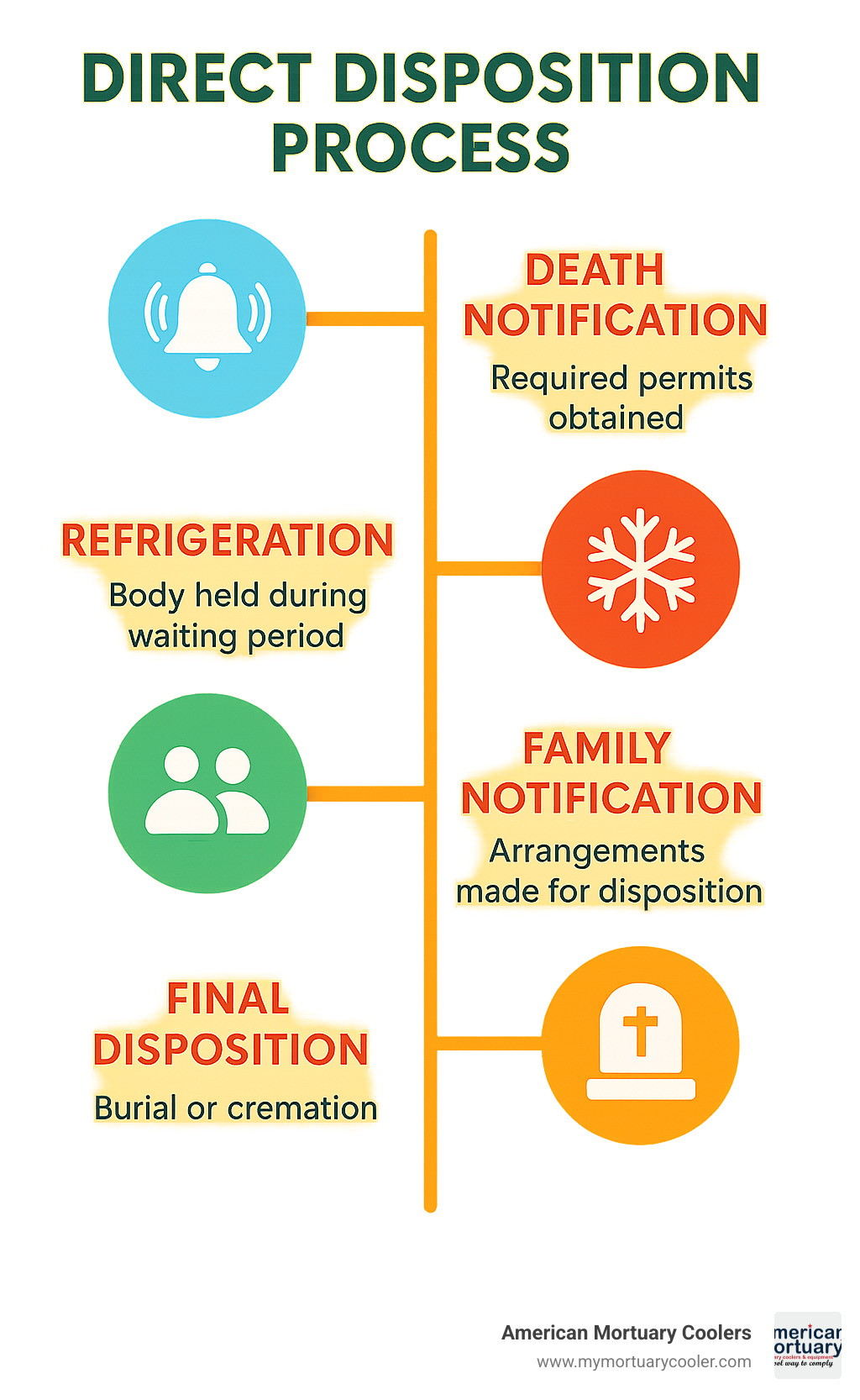 Infographic showing direct disposition process timeline from death notification through final disposition, including required permits, refrigeration period, and family notification steps - direct disposition infographic 