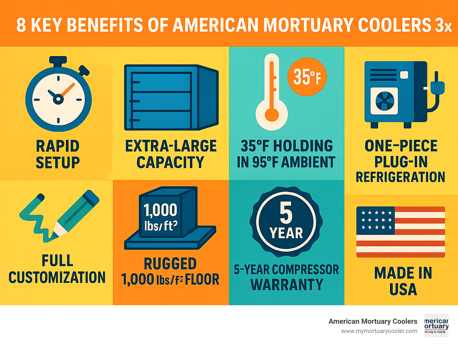 Infographic: 8 Key Benefits of American Mortuary Coolers 3BX—rapid setup, extra-large capacity, 35°F holding in 95°F ambient, one-piece plug-in refrigeration, rugged 1,000 lbs/ft² floor, 5-year compressor warranty, full customization, made in USA - American Mortuary Coolers 3BX infographic  Infographic: 8 Key Benefits of American Mortuary Coolers 3BX—rapid setup, extra-large capacity, 35°F holding in 95°F ambient, one-piece plug-in refrigeration, rugged 1,000 lbs/ft² floor, 5-year compressor warranty, full customization, made in USA - American Mortuary Coolers 3BX infographic