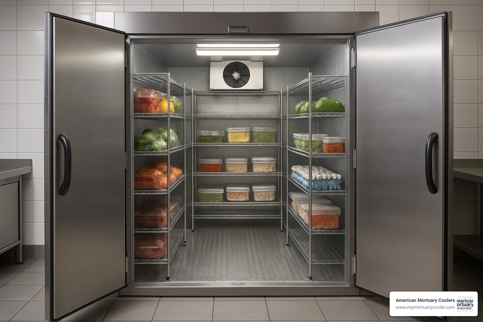 modern walk-in freezer in a commercial kitchen, doors open, showing shelving and LED lighting - commercial walk in freezer