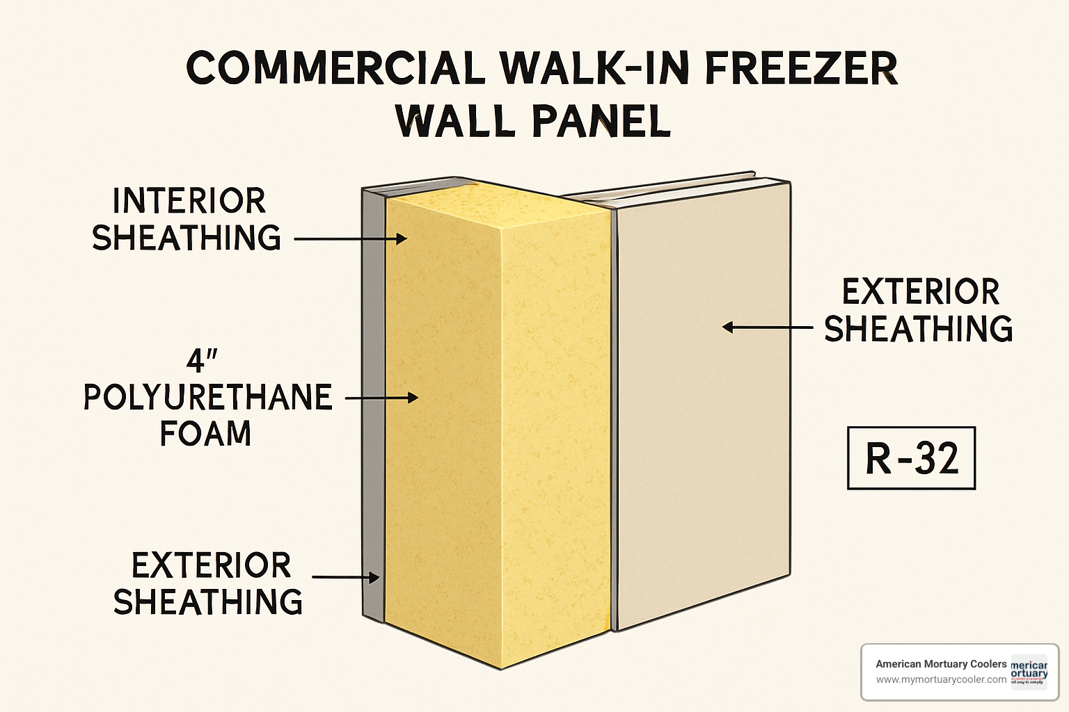 cross-section diagram of walk-in freezer wall panel showing insulation layers and R-value - commercial walk in freezer