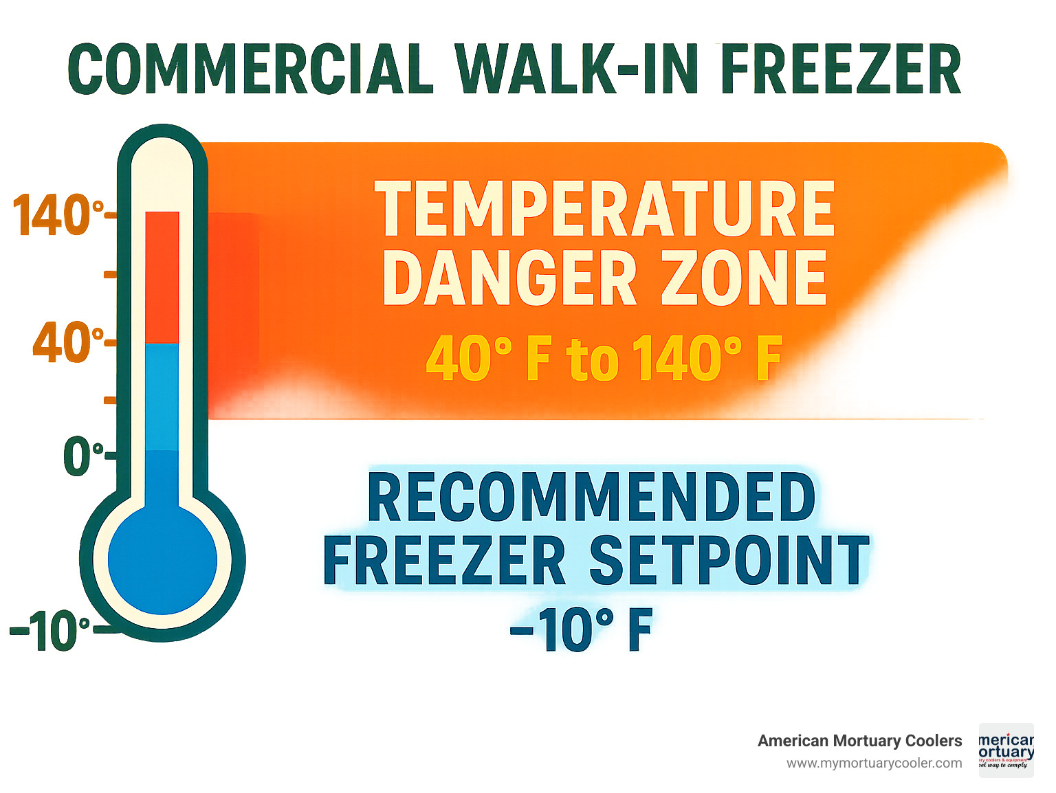 food safety chart showing temperature danger zones and recommended freezer setpoints - commercial walk in freezer infographic 