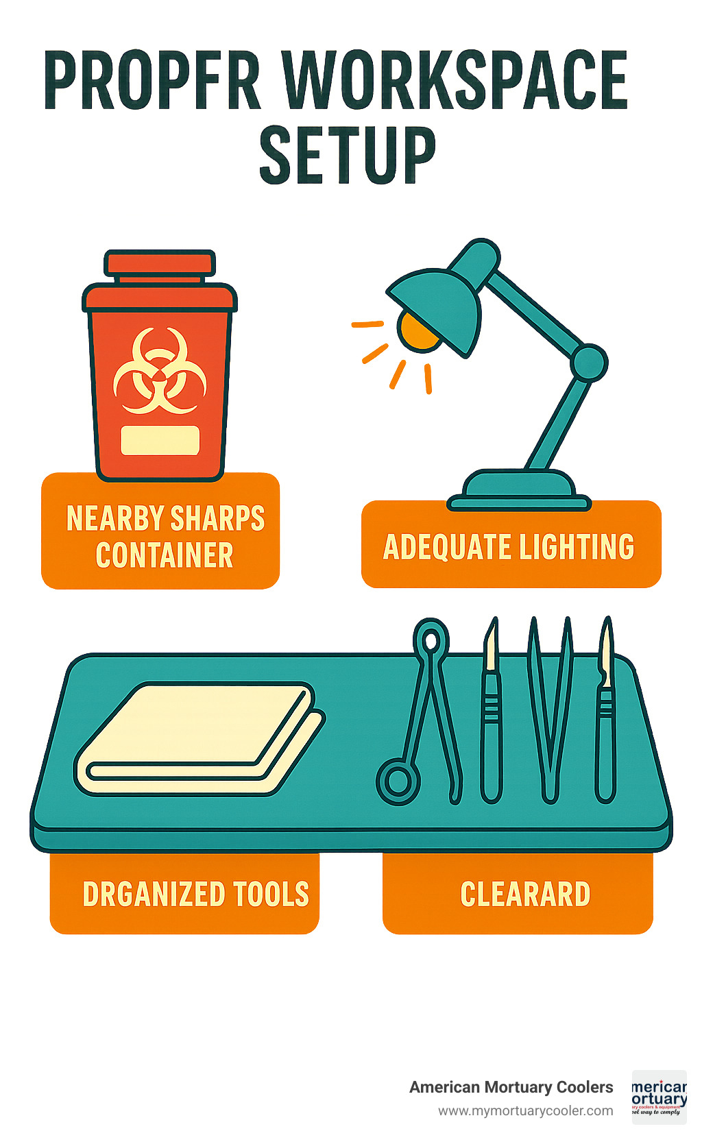 Infographic showing proper workspace setup with sharps container placement, lighting requirements, and tool organization - how to remove scalpel blade infographic 