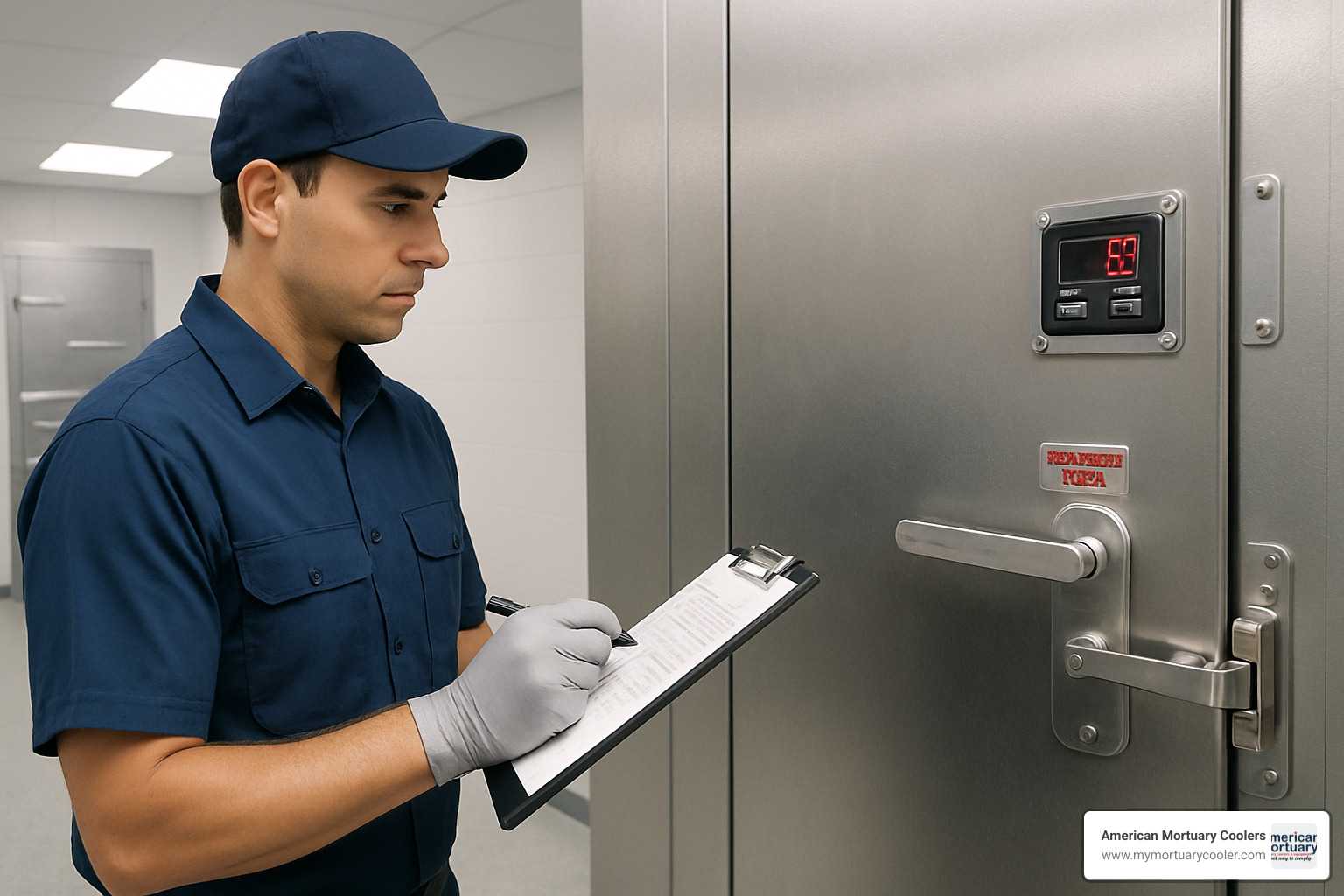 Technician inspecting mortuary cooler door with checklist - mortuary dead body storage freezer doors service maintenance