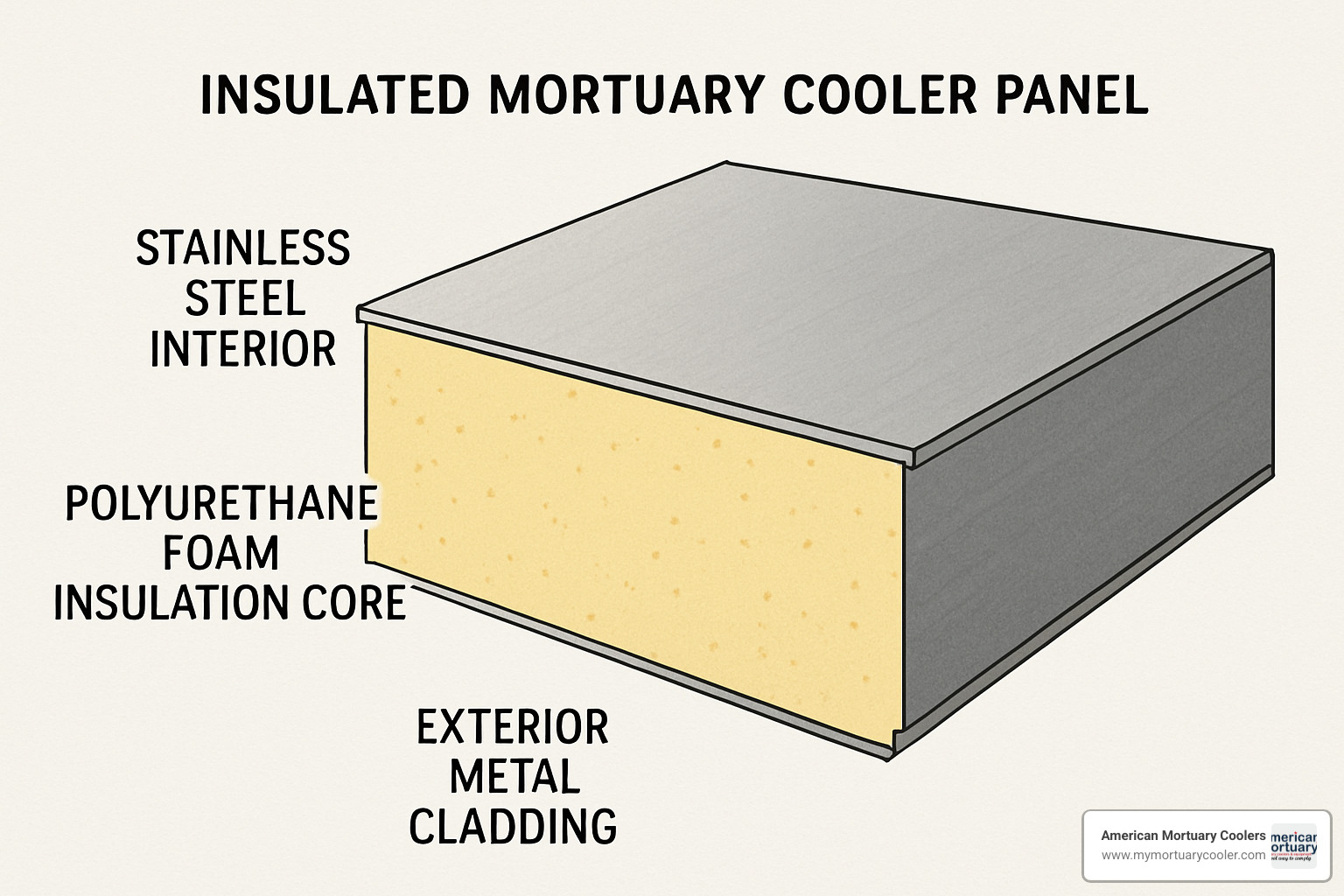 Cross-section view of an insulated mortuary cooler panel showing foam core and metal cladding layers - Mortuary Cooler