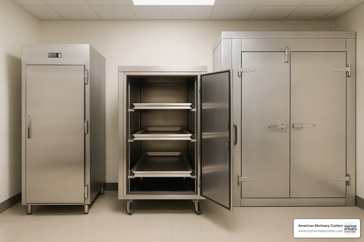Various mortuary cooler styles including upright, roll-in, and walk-in models displayed side by side - Mortuary Cooler