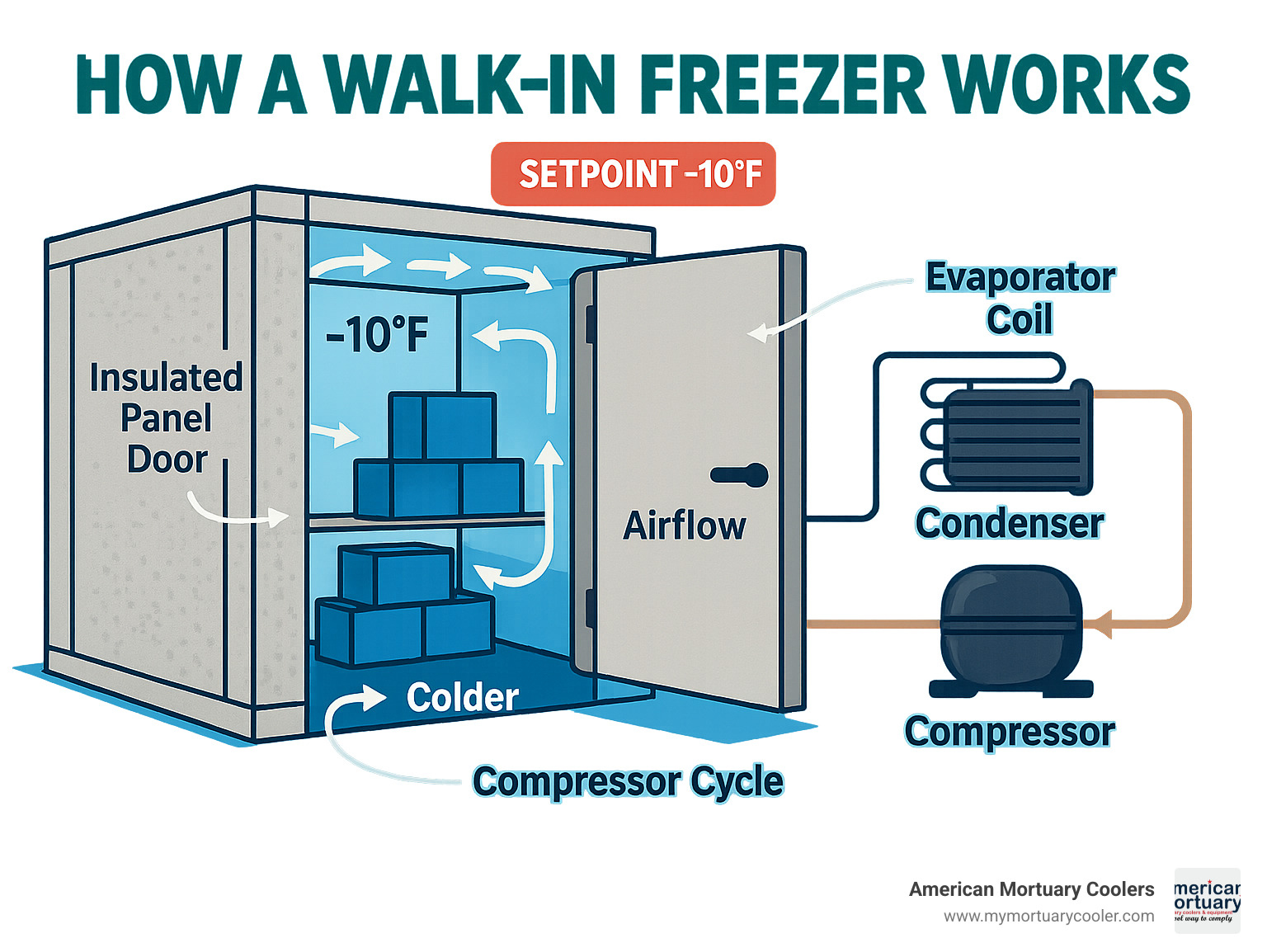 How a walk-in freezer works from insulated panel door to compressor cycle with -10°F setpoint, showing airflow, temperature zones, and main components - commercial walk in freezer infographic 
