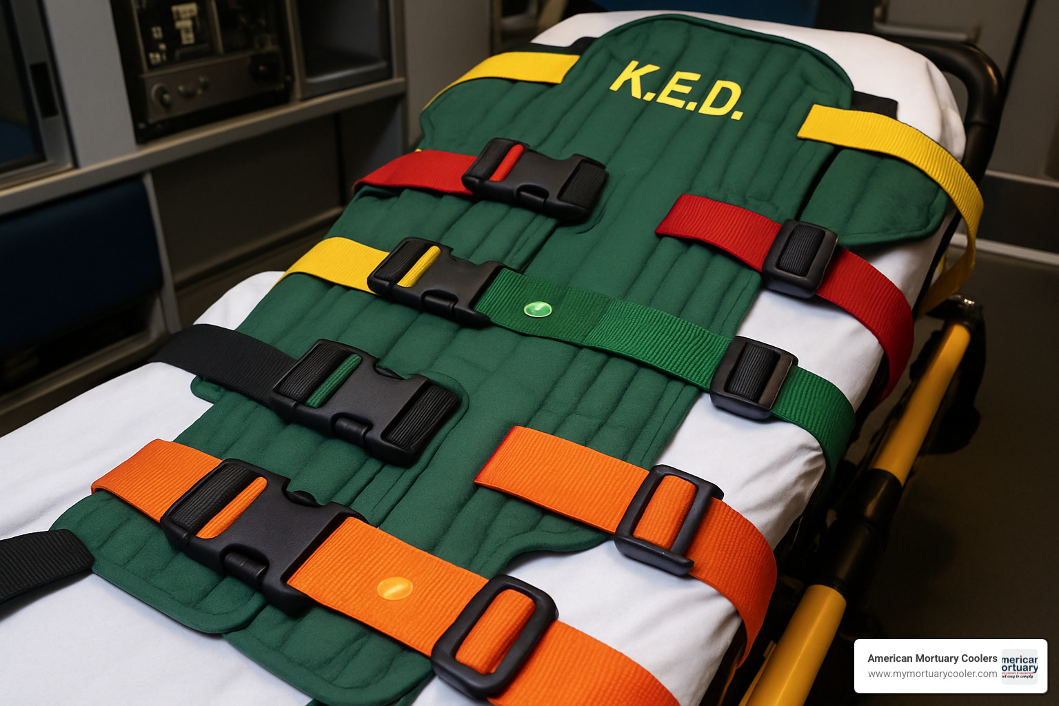 Close-up of KED color-coded straps and securing buckles - medical ked
