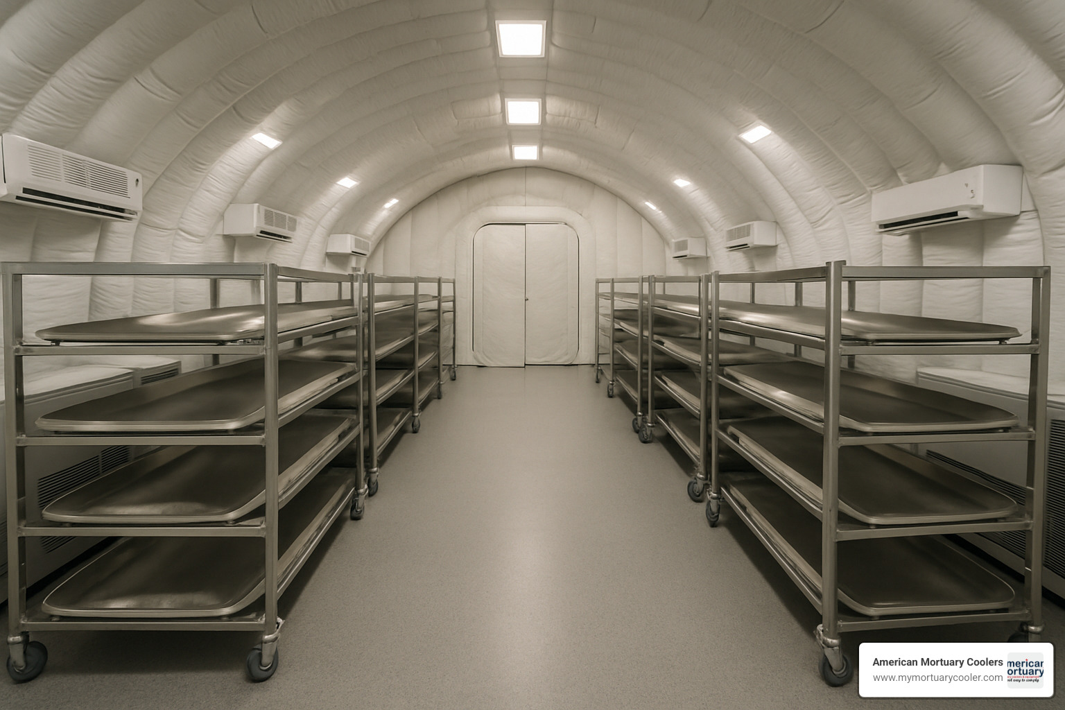 Cadaver rack system inside an inflatable mobile mortuary dome with integrated refrigeration - morgue storage solutions