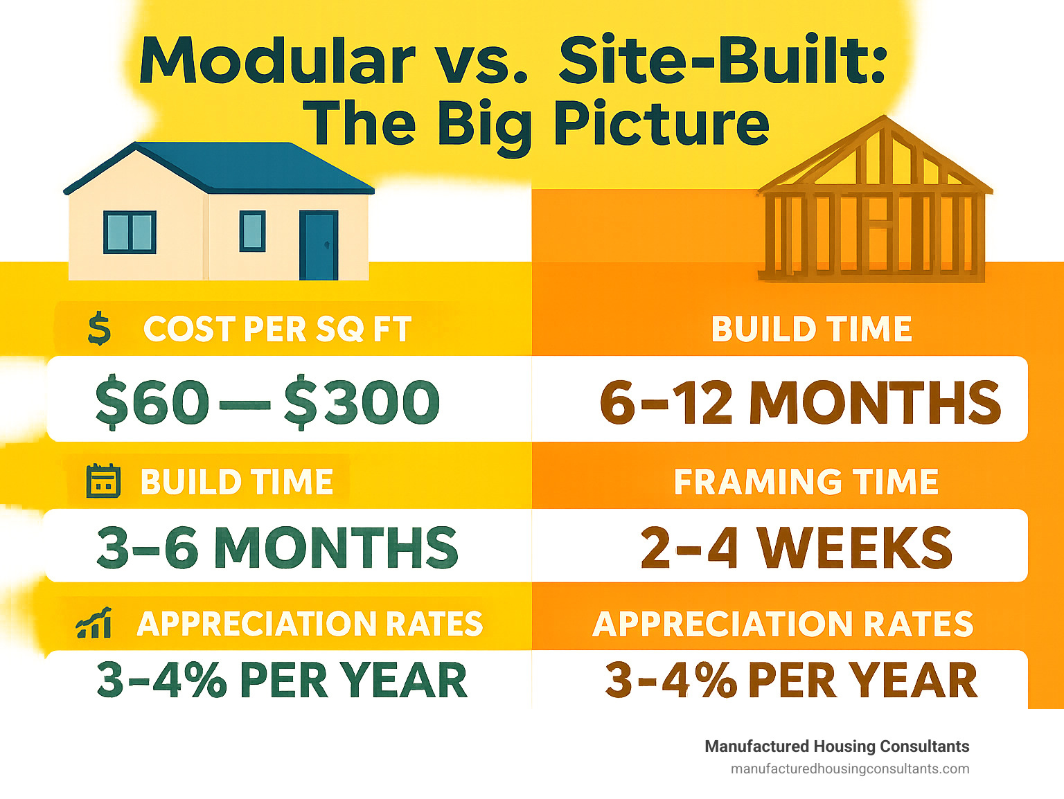 Infographic: Modular vs. site-built: cost per sq ft, build time, framing time, appreciation rates - design your modular home infographic 