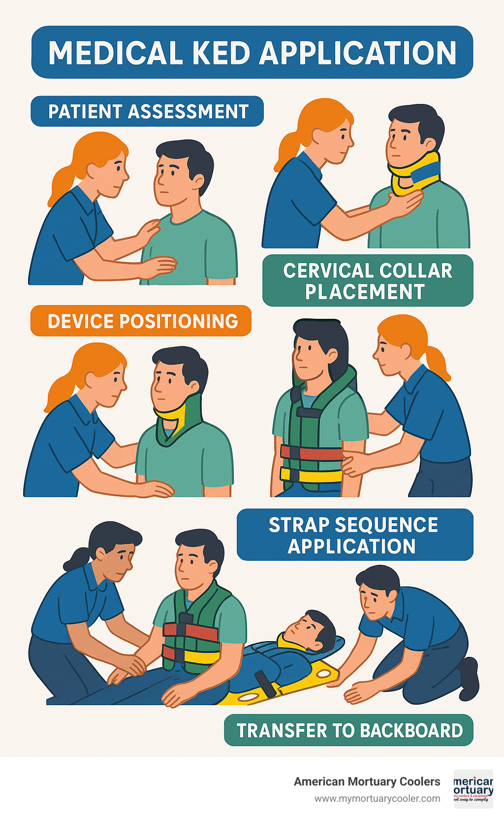 Comprehensive infographic showing medical ked application timeline from initial patient assessment through cervical collar placement, device positioning, strap sequence application, and final patient transfer to backboard - medical ked infographic 