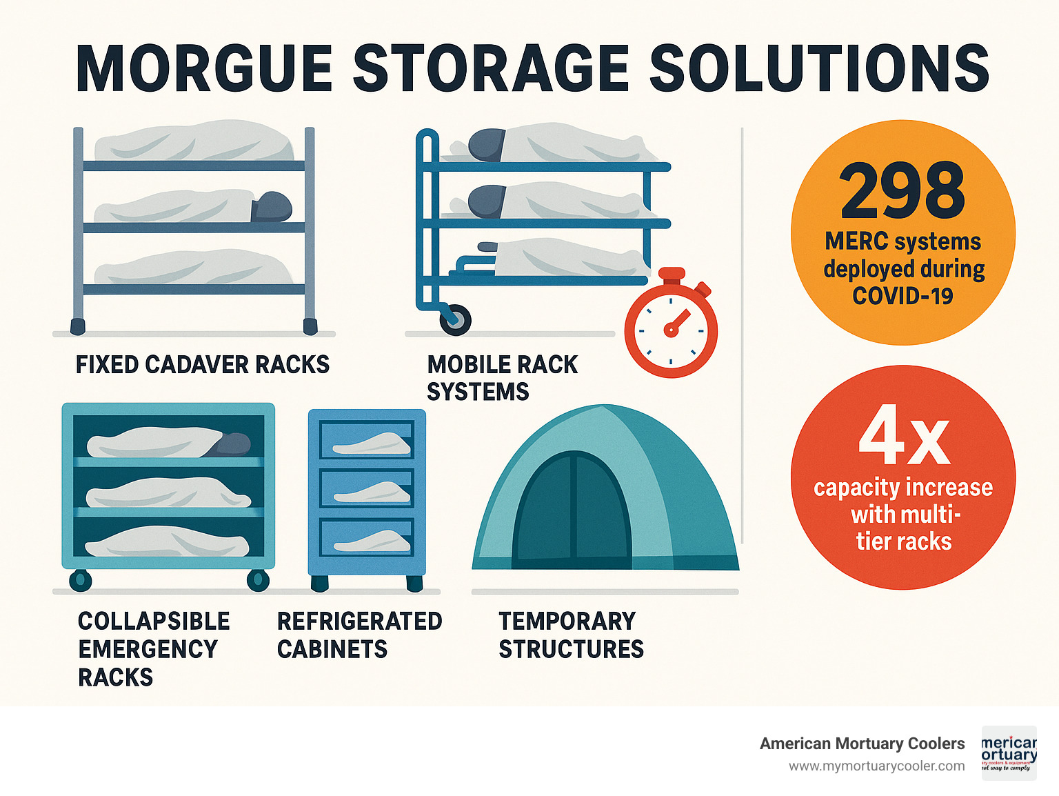 Comprehensive infographic showing types of morgue storage solutions including fixed racks with 4-tier capacity, mobile systems with casters, collapsible emergency racks that deploy in 60 seconds, refrigerated cabinets for 1-15 bodies, and temporary structures like pop-up domes for surge capacity, with statistics showing 298 MERC systems deployed during COVID-19 and 4x capacity increase with multi-tier racks - morgue storage solutions infographic 