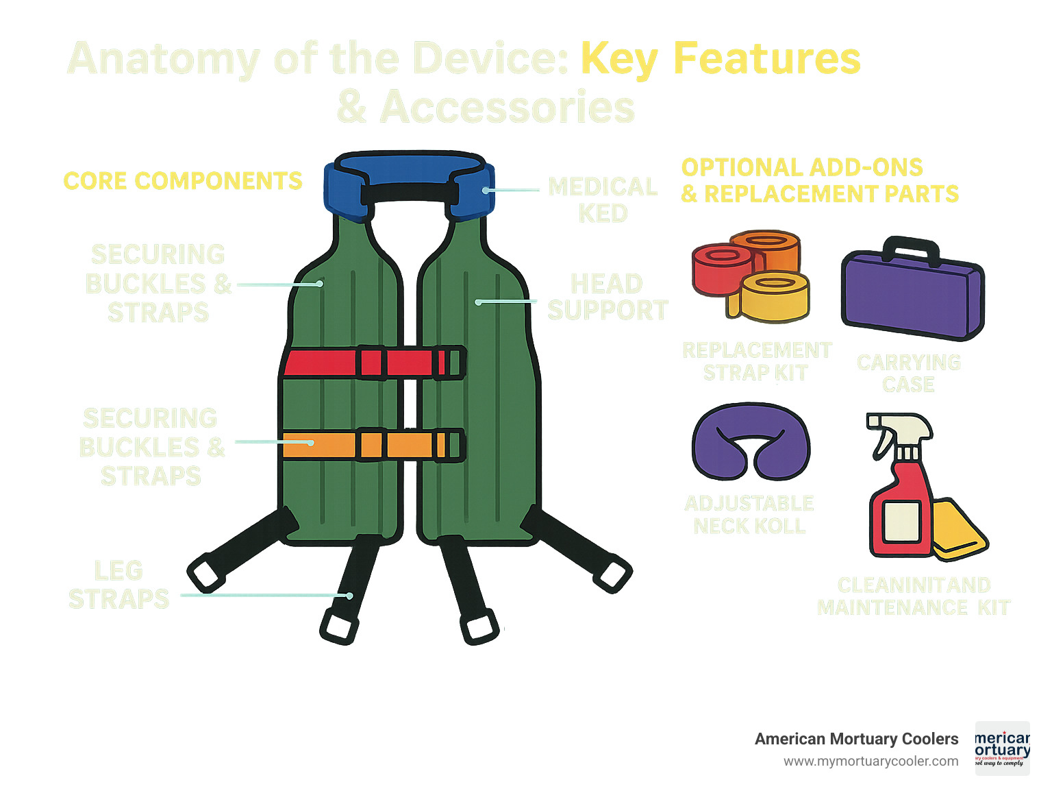 Infographic showing labeled KED parts and accessory options - medical ked infographic 