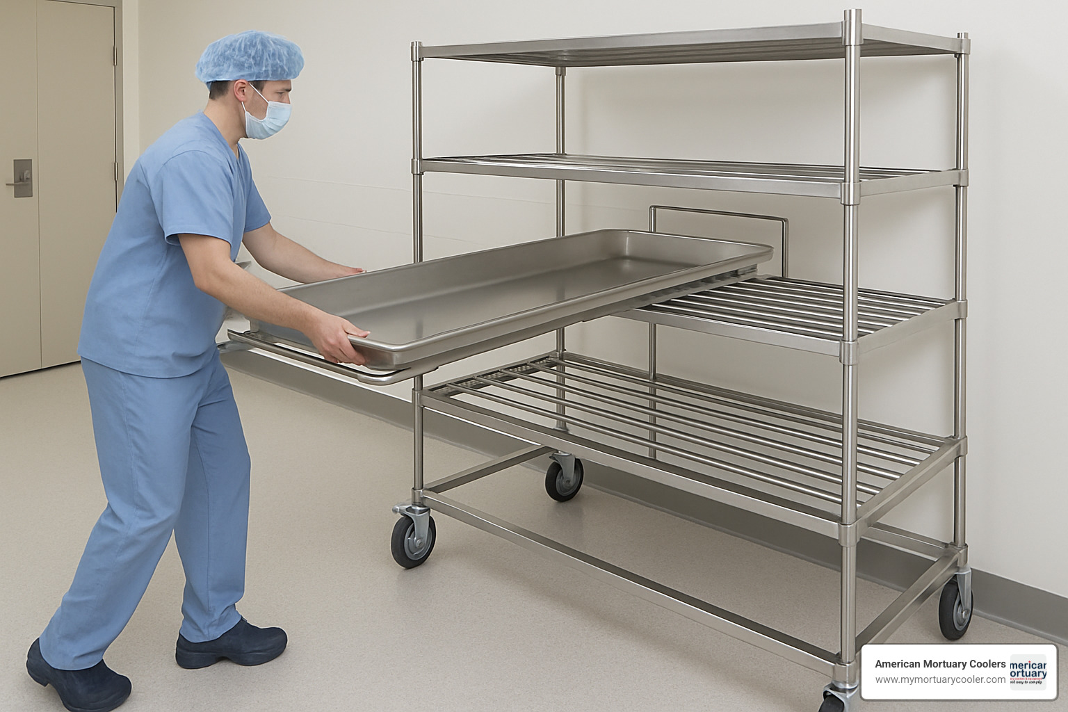 Staff member easily sliding a body tray onto a roller-equipped portable morgue rack, demonstrating the ergonomic benefits of the roller system - portable morgue racks