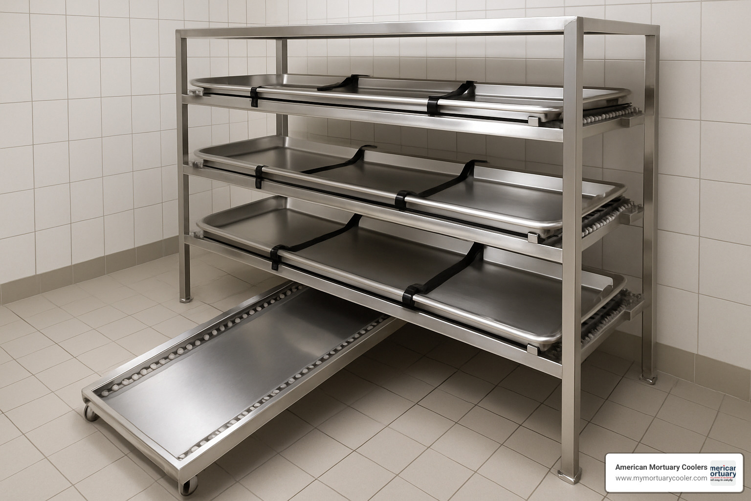 Portable morgue rack with loading ramp and body trays, showing the complete system setup for efficient operations - portable morgue racks