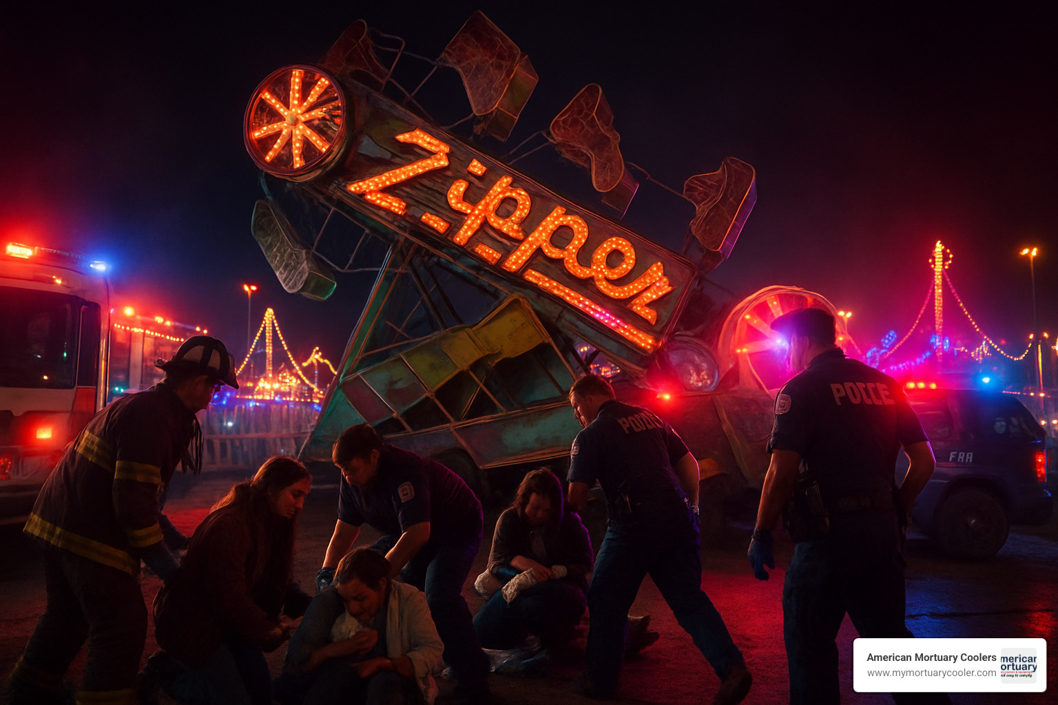 carnival ride that has tipped over with emergency responders on scene - accident at carnival