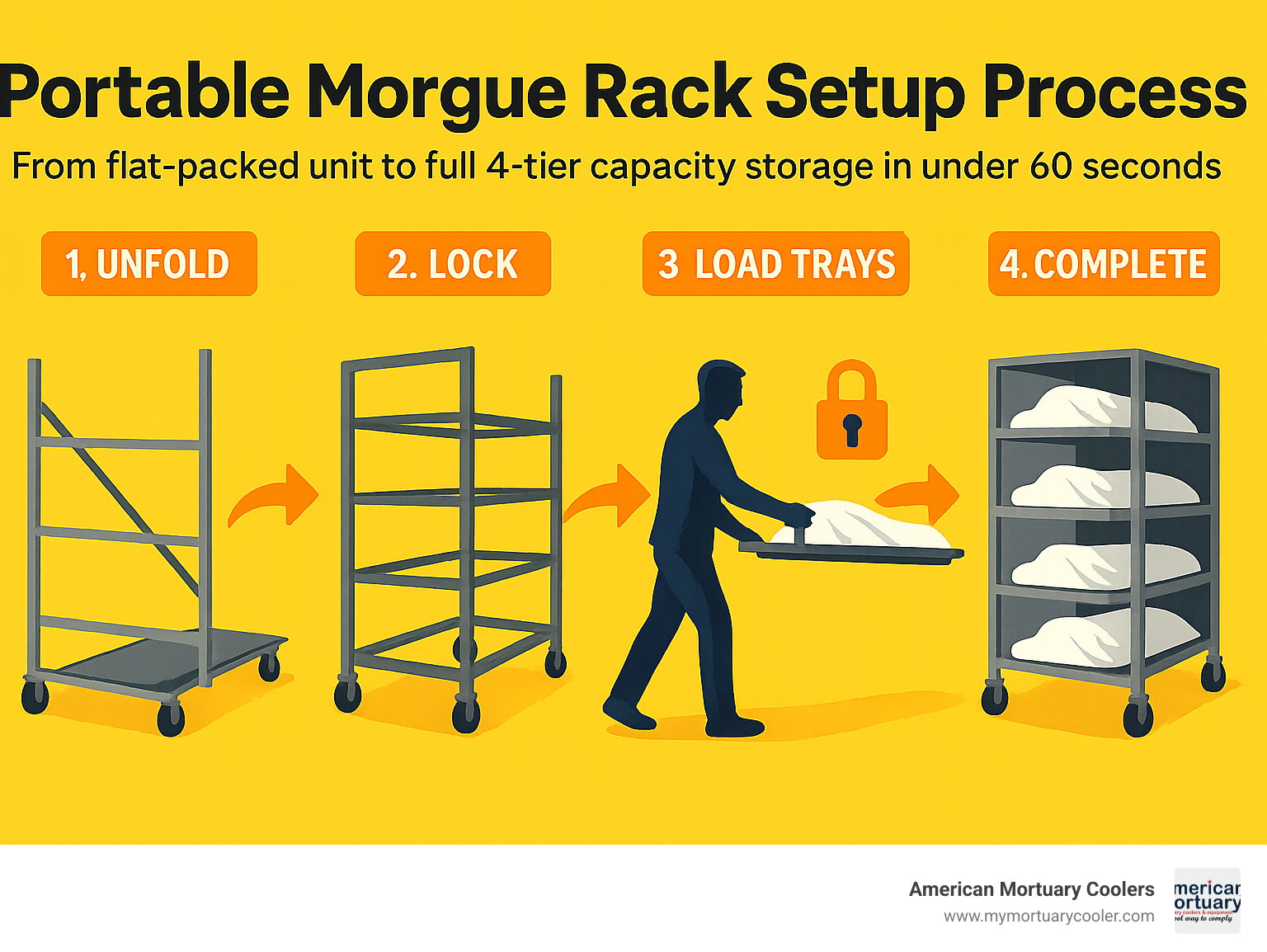 Infographic: Portable morgue rack setup process – from flat-packed unit to full 4-tier capacity storage in under 60 seconds, with step-by-step visuals illustrating unfolding, locking, and loading of trays - portable morgue racks infographic 