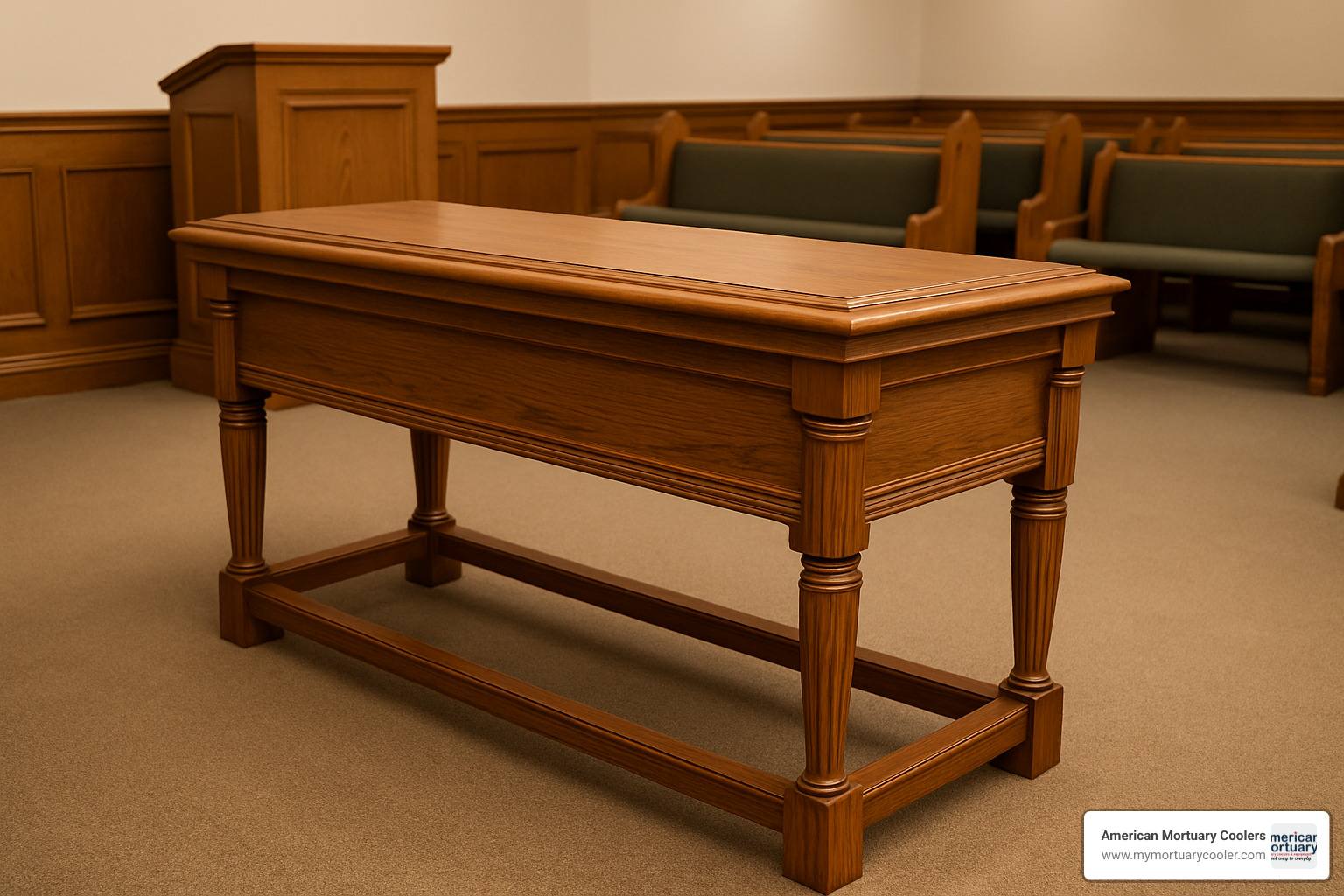 custom-stained bier matching chapel furniture - platforms for caskets