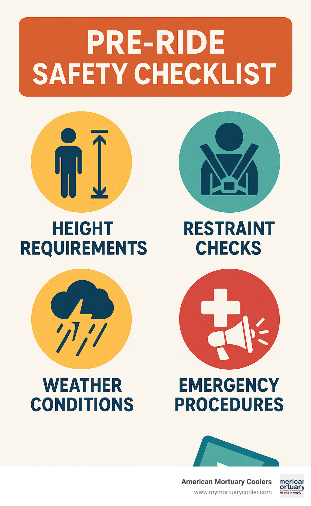 Infographic showing rider safety checklist with icons for height requirements, restraint checks, weather conditions, and emergency procedures - accident at carnival infographic 