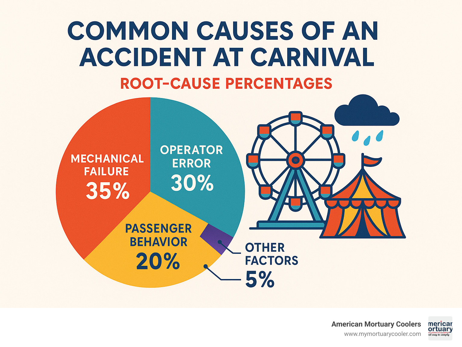 Infographic showing root-cause percentages for carnival accidents: 35% mechanical failure, 30% operator error, 20% passenger behavior, 10% weather, 5% other factors - accident at carnival infographic 
