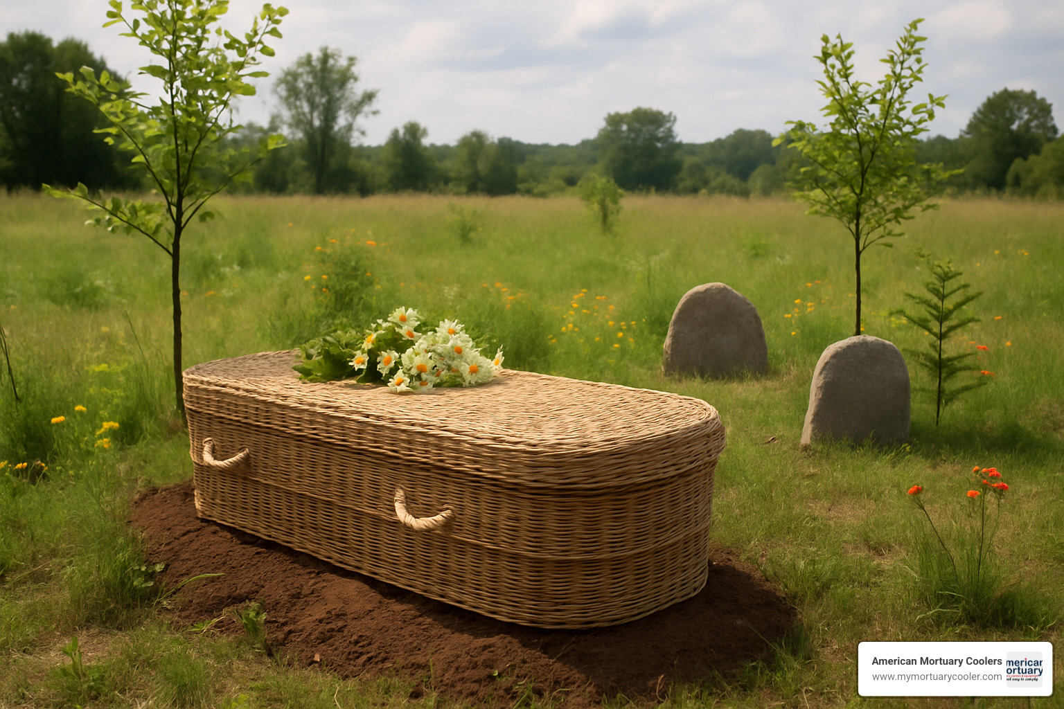 Eco-friendly funeral setup showing biodegradable caskets, natural burial grounds, and sustainable memorial options representing industry innovation - undertaker job