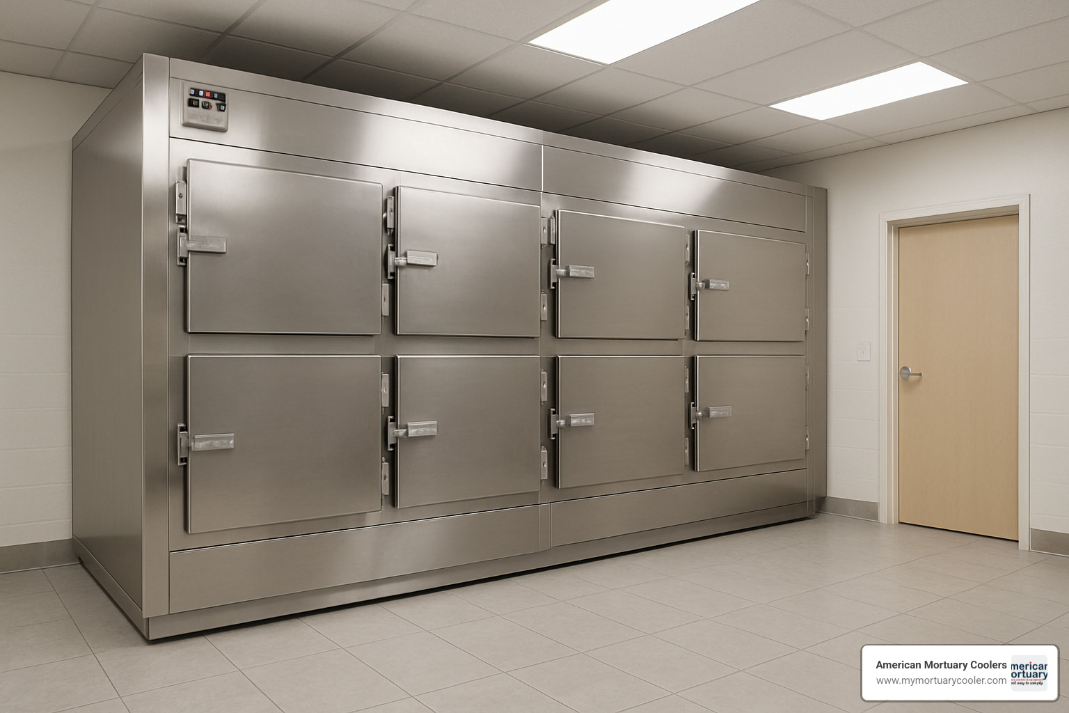 Modern mortuary cooler installation showing professional refrigeration equipment essential for proper body preservation in funeral homes - undertaker job