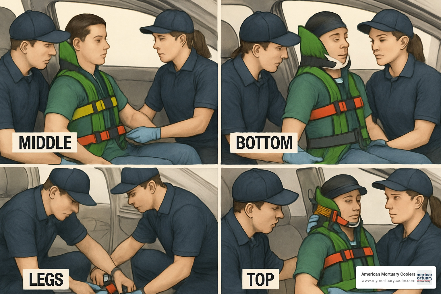 Step-by-step illustration showing proper KED strap sequence and positioning - ked' www.medicalstretchers.com