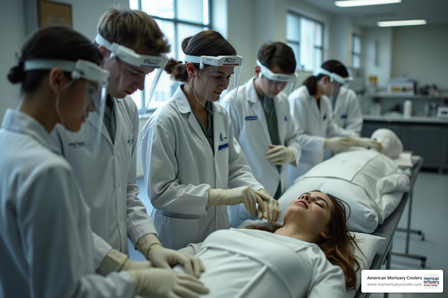 Students learning embalming techniques in a modern mortuary science laboratory with proper safety equipment and supervision - undertaker job